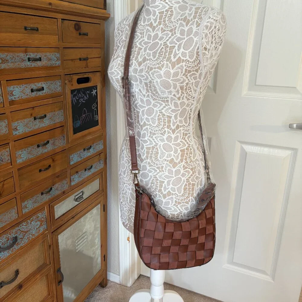 Time and Tru - Alice Crossbody Woven Vegan Brown Leather Hobo Bag - NWOT